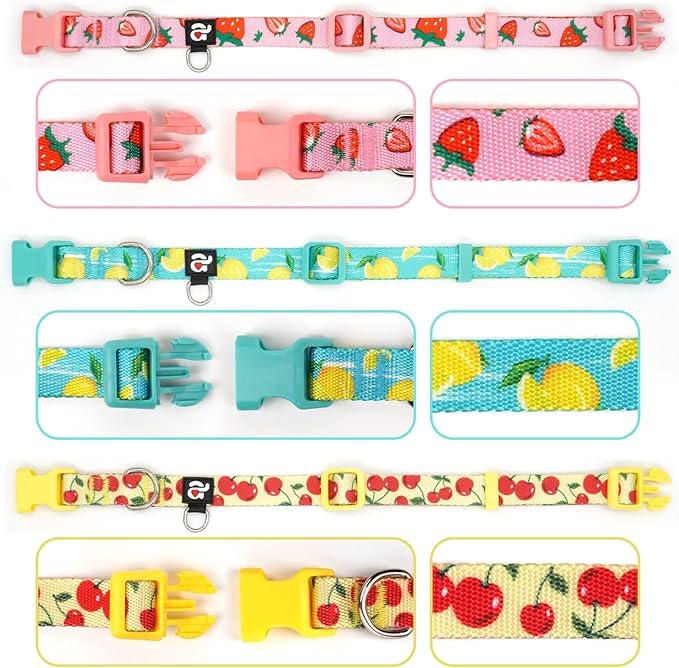 azuza 3 Pack Fruit Design Dog Collars Comfortable and Adjustable Nylon Dog Collars for Small Dogs, S (11-16inch)，Strawberry，Lemon and Cherry