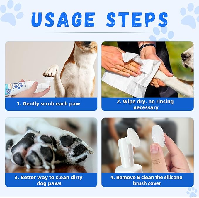 Paw Cleaner for Dogs and Cats,Magic Foam - Clean Paws No-Rinse Foaming Cleanser-Dry Shampoo, Foot Cleaner Brush - with Rose Extract, Odor Control Wash - Good for Puppy