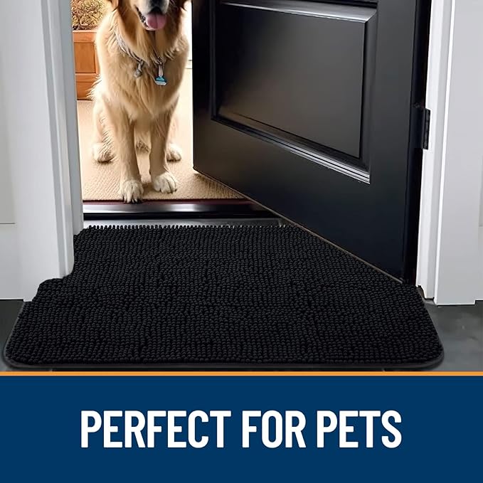 OLANLY Dog Door Mat for Muddy Paws 24x16, Absorbs Moisture and Dirt, Absorbent Non-Slip Washable Mat, Quick Dry Chenille, Mud Mat for Dogs, Entry Indoor Door Mat for Inside Floor, Black