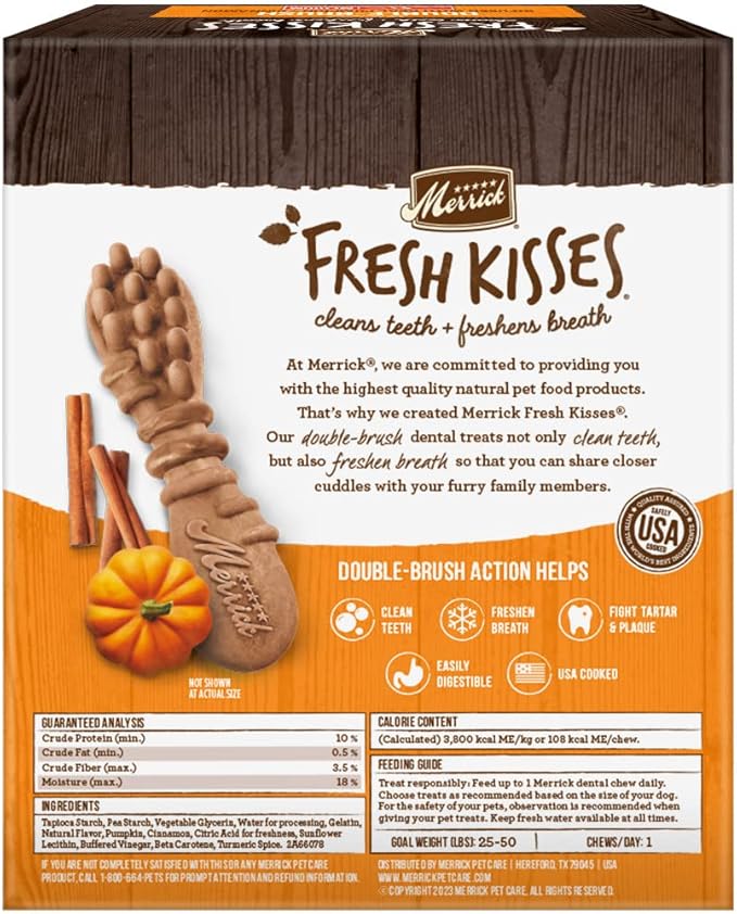 Merrick Fresh Kisses Natural Dental Chews, Treats Infused With Pumpkin and Cinnamon For Medium Dogs 25-50 Lbs - 20 oz. Bag