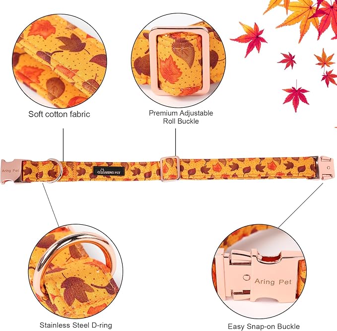 ARING PET Fall Dog Collar-Cotton Maple Leaves Dog Collar with Bowtie, Adjustable Autumn Leaves Dog Collars Pet Necklace with Metal Buckle for Girl&Boy Dogs