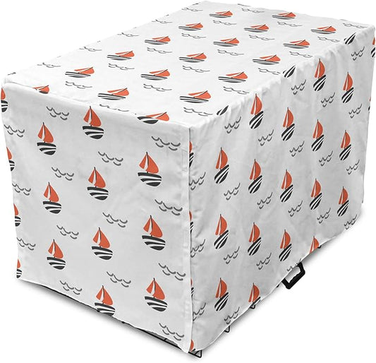 Lunarable Sail Boat Dog Crate Cover, Abstract Boat Waves Cartoon Drawing Style Geometric Pattern, Easy to Use Pet Kennel Cover for Cats & Medium Dogs, 30 Inch, Salmon Black Grey
