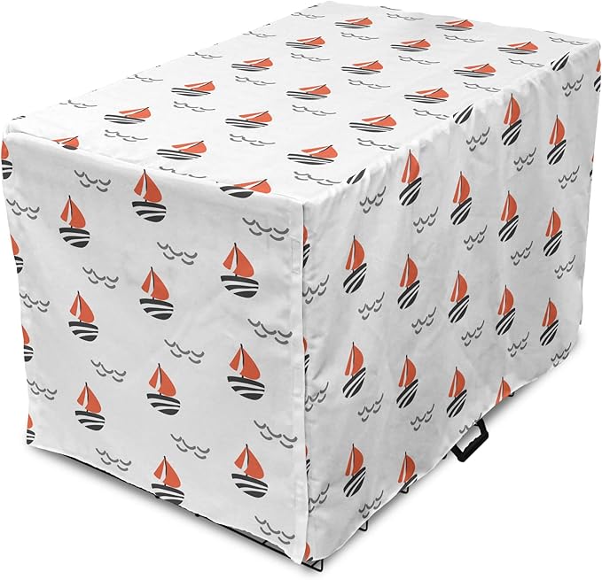 Lunarable Sail Boat Dog Crate Cover, Abstract Boat Waves Cartoon Drawing Style Geometric Pattern, Easy to Use Pet Kennel Cover for Medium Large Dogs, 36 Inch, Salmon Black Grey