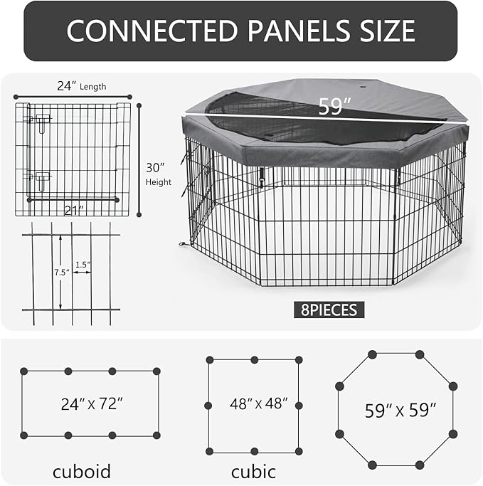 PETIME Foldable Metal Dog Exercise Pen/Pet Puppy Playpen Kennels Yard Fence Indoor/Outdoor 8 Panel 24" W x 30" H with Top Cover (with top Cover, 8 Panels 30" H)