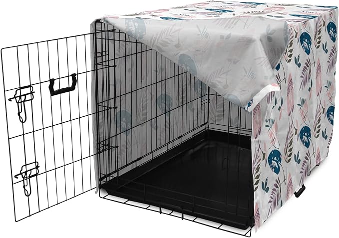 Ambesonne Leaves Dog Crate Cover, Abstract Foliage Pastel Colors Tropical Jungle Forest Plants Grunge Effect, Easy to Use Pet Kennel Cover Small Dogs Puppies Kittens, 22 Inch, Petrol Blue Baby Pink