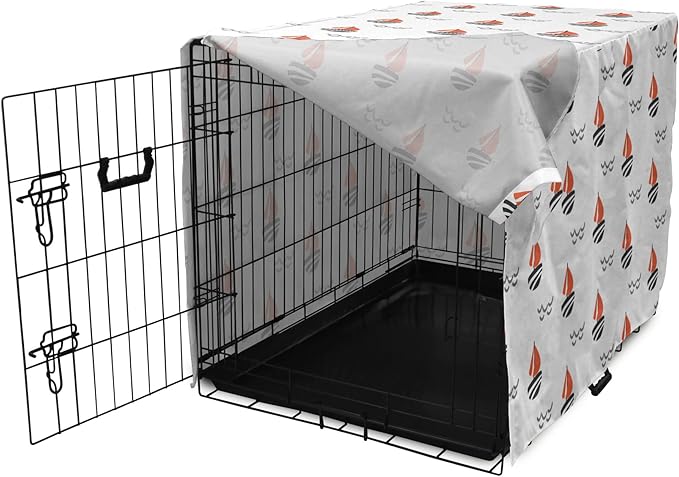 Lunarable Sail Boat Dog Crate Cover, Abstract Boat Waves Cartoon Drawing Style Geometric Pattern, Easy to Use Pet Kennel Cover for Medium Large Dogs, 36 Inch, Salmon Black Grey