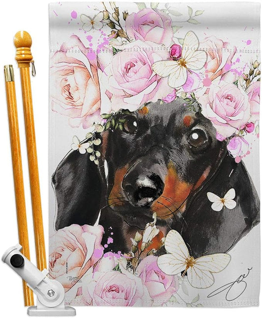 Breeze Decor Dachshund Floral House Flag Set Dog Puppy Spoiled Paw Canine Fur Pet Nature Farm Animal Creature Decoration Banner Small Garden Yard Gift Double-Sided, Made in USA