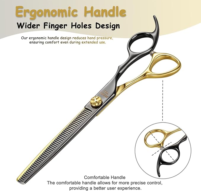 Black & Gold Professional Thinning Dog Grooming Scissors with Decorative Screw Sharp and Durable Japanese 440C Stainless Steel Pet Cat Texturizing Thinner Shears with Safe Round Tip 7''
