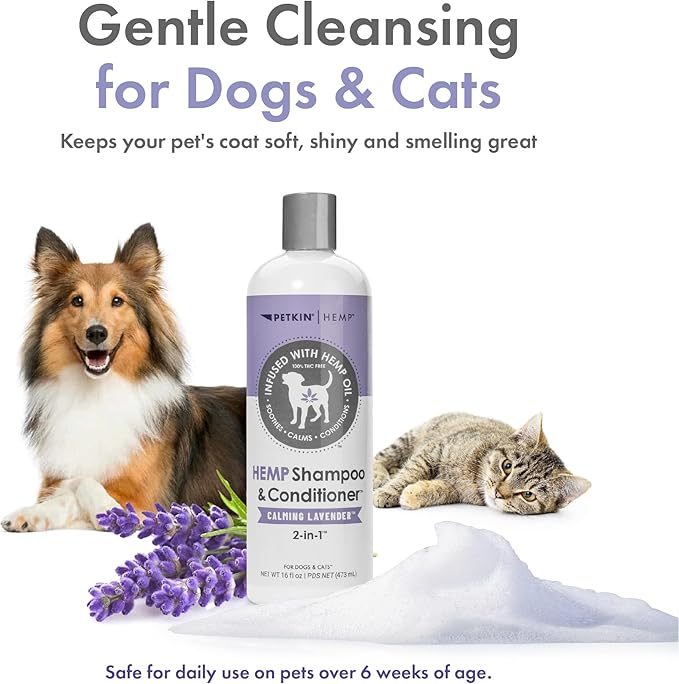 Petkin Hemp Shampoo & Conditioner for Dogs and Cats – with Hemp Oil & Calming Lavender Extract, 16 fl oz – Soothes, Calms & Conditions, Keeps Pet Smelling Great – for Home and Travel