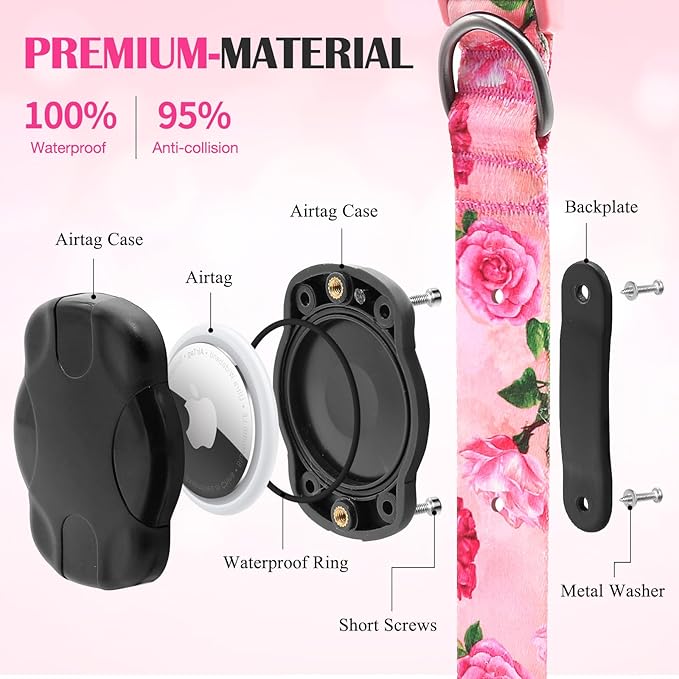 Airtag Dog Collar for Small Dogs, Rose-Pink Dog Collars Girl with AirTag Holder Waterproof Airtag Case, Including Flower Spring Dog Collar Bowtie, for All Female Dogs ﻿