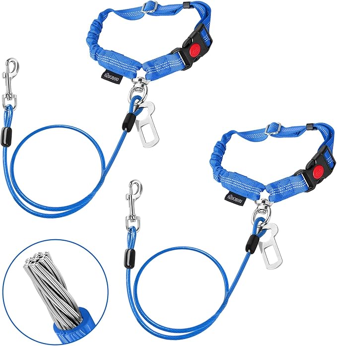 Chew Proof Dog Car Seat Belt, 2 in 1 Steel Cable Dog Car Accessories Headrest Restraint Dog Car Seatbelt for Medium Large Dogs Chewer Heavy Duty Dog Seatbelts for Cars Swivel Attach