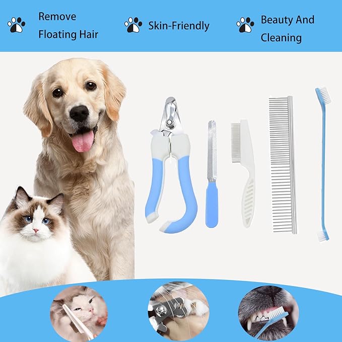 9 PCS Dog,Cat Grooming Brush Shedding Kit-Self-Cleaning Smooth Dog Brush Hair Removal And Flea Comb Rubber Bath Brush Toothbrush Grooming Brush Nail Clippers And File pet Bath Absorbent towel (blue)