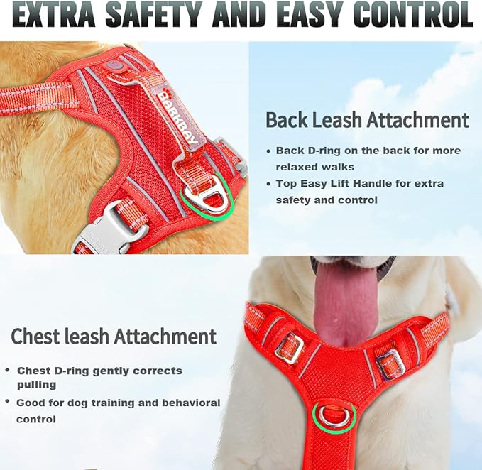 BARKBAY No Pull Dog Harness Large Reflective Dog Harness with Front Clip and Easy Control Handle for Walking Training Running with ID tag Pocket(Red,S)