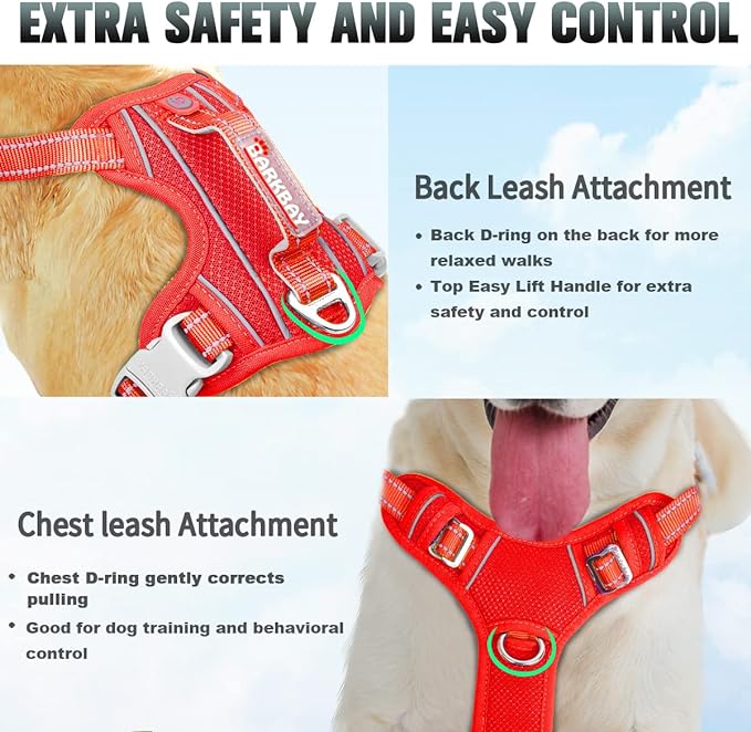 BARKBAY No Pull Dog Harness Large Reflective Dog Harness with Front Clip and Easy Control Handle for Walking Training Running with ID tag Pocket(Red,XL)