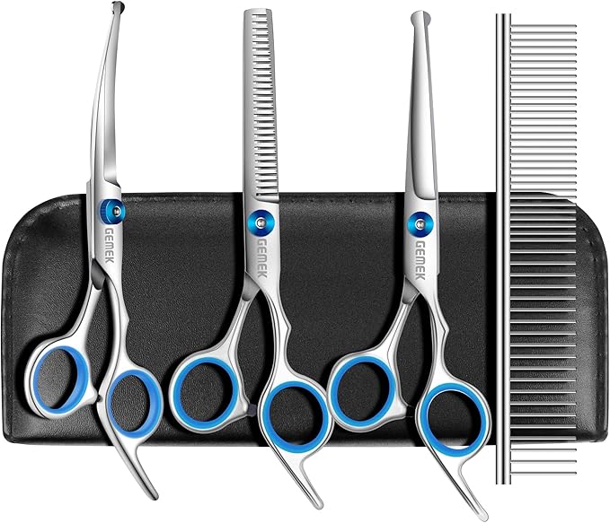 GEMEK Professional Grooming Scissors for Dogs with Safety Round Tips, Dog Grooming Scissors Set - Thinning, Straight, Curved Shears and Comb for Long Short Hair for Dog Cat Pet (Blue-5 in 1)