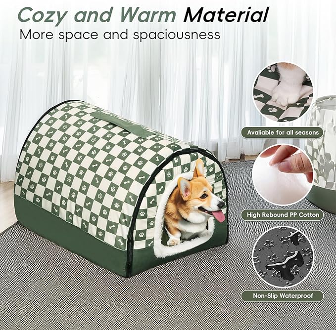 Dog House Indoor, Cozy Dog Cave Bed with Door Curtain, Cushion Mat, Removable and Washable Cover, Multi-Purpose Covered Dog Bed & Cat House for Kitten Puppy Rabbit