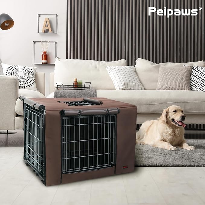 Dog Crate Cover 36 Inch - Waterproof Kennel Cover with Top Window, 600D Oxford Fabric Dog Cage Cover Fit for Most Double Door Wire Crate, Unique Drinking Hole Design, Brown (Cover Only)