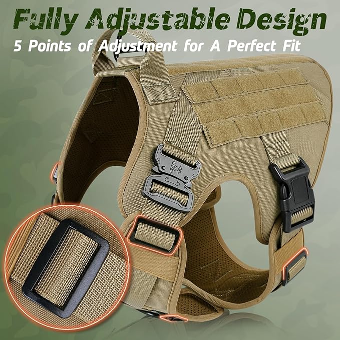 rabbitgoo Tactical Dog Harness for Large Dogs, Heavy Duty Dog Harness with Handle, No-Pull Service Dog Vest Large Breed, Adjustable Military Dog Vest Harness for Training Hunting Walking, Brown, S