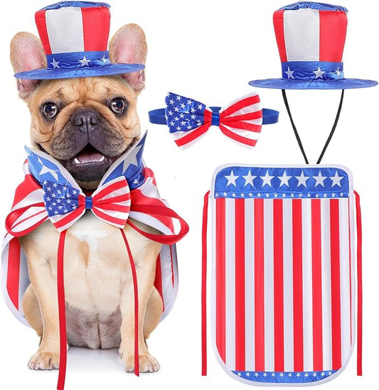 JaGely 3 Pcs Dog 4th of July Outfit Independence Day Costume Set Includes Dog Top Hat, American Flag Bow Tie Collar and American Flag Cape Pet Clothes for Dogs Puppy Cats Kitten(S)