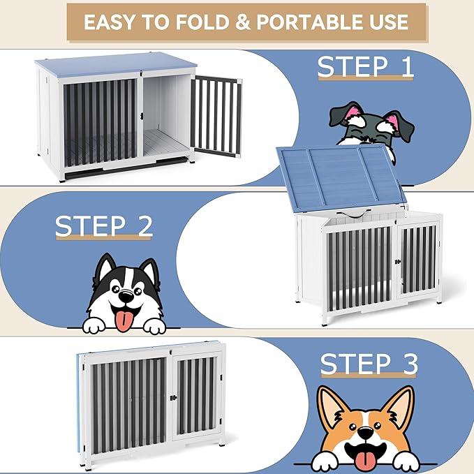 39.5in Furniture Dog Crate, Large/Medium Dog Crate End Table, Solid Wood Portable Foldable Indoor, No Assembly Needed (White and Blue)