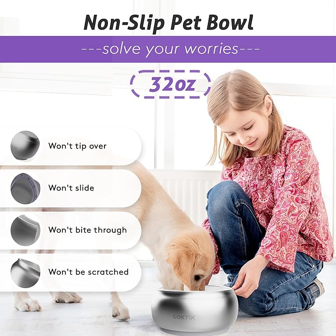 COKTIK Dog Bowl, Insulated Stainless Steel Food Bowls for Dogs & Cats, Non-Slip Dog Bowls Water Bowl Large Breed, Easy to Clean, Durable and Dishwasher Safe (32oz, Silver)