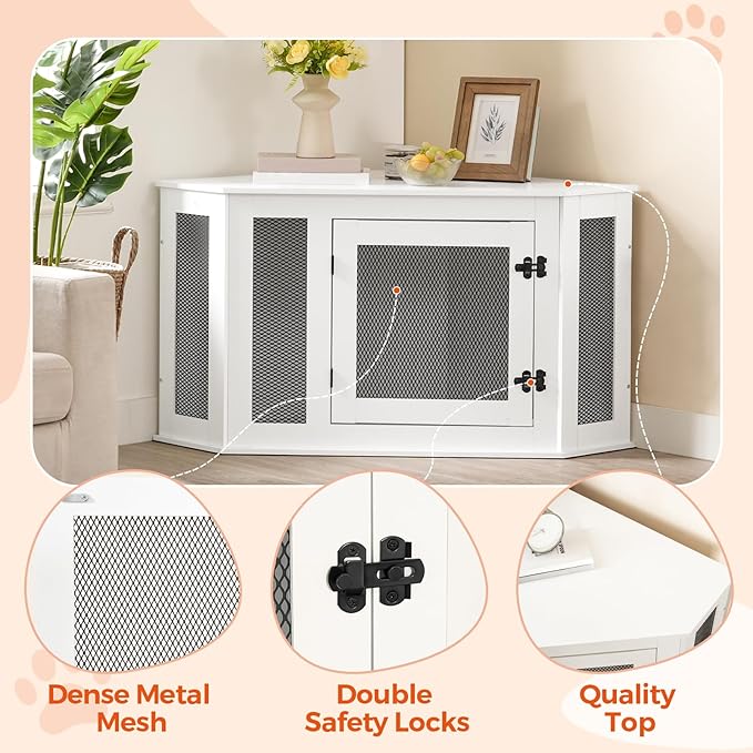 Corner Dog Crate Furniture, Wooden Dog Kennel End Table, Decorative Pet Crate Indoor Use, Furniture Style Dog House for Small Medium Dog, Dog Cage TV Stand, White and Black DCWT0801