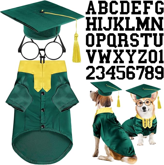 5 Pcs Dog Graduation Costume Set Include 2025 Pet Graduation Gown with Stole Puppy Grad Cap Lensless Glasses DIY Letter Stickers for Dogs Cats Holiday Costume Accessory(Green Yellow,L)