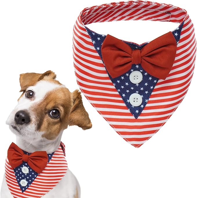 FUAMEY Independence Day Dog Scarfs 4th of July American Flag Dog Tuxedo Triangle Bibs with Bow Tie
