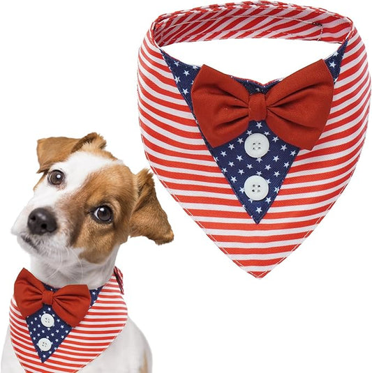 FUAMEY Independence Day Dog Scarfs 4th of July American Flag Dog Tuxedo Triangle Bibs with Bow Tie