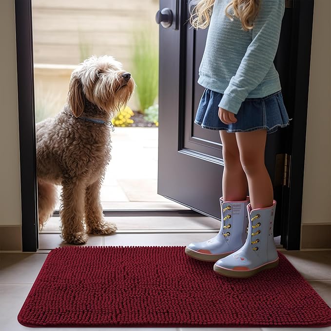 OLANLY Dog Door Mat for Muddy Paws 59x24, Absorbs Moisture and Dirt, Absorbent Non-Slip Washable Mat, Quick Dry Chenille, Mud Mat for Dogs, Entry Indoor Door Mat for Inside Floor, Burgundy