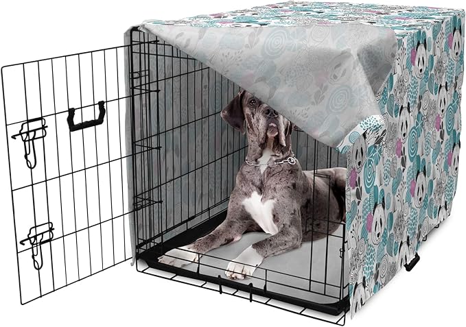 Lunarable Panda Dog Crate Cover, Portraits of Chinese Bears on Sketch Flowers and Abstract Circular Shapes, Easy to Use Pet Kennel Cover for Medium Large Dogs, 48 Inch, Slate Blue Pink Grey