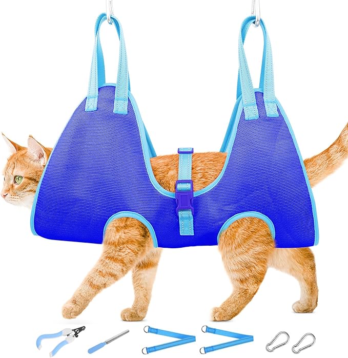 Dog Grooming Hammock for Dogs & Cats - Cat Hanger Sling Restraint Bag with Pet Nail Clipper Trimmer, Pet Grooming Harness for Nail Trimming/Clipping (XS, Blue)
