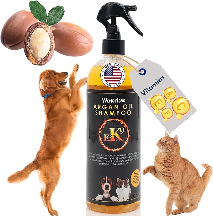E3 Waterless Dog Shampoo 16 oz - Argan Oil Scented Dry Shampoo for Dogs & Cats - No Rinse - Waterless Pet Shampoo for Grooming - Softens Coat & Controls Odor - Dog Dry Shampoo, Safe & Easy Bathing