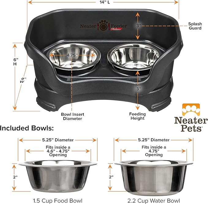 Neater Feeder Deluxe Mess Proof Dog Bowls Elevated for Small Breed – Made in USA – No Spill Raised Dog Food Bowl Stand – Stainless Steel Food and Water Bowl Set, Pet Feeding Station, Black