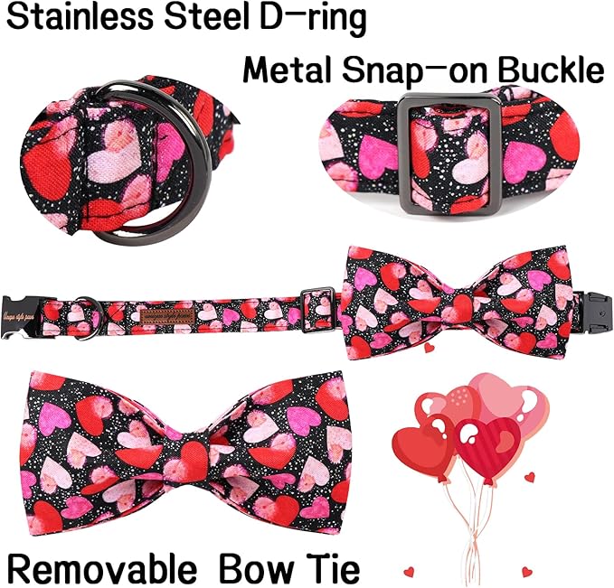 Unique Style Paws Valentine's Day Dog Collar with Bow Colorful Heart Love Dog Collars for Small Medium Large Dog New (L, Black Bow)