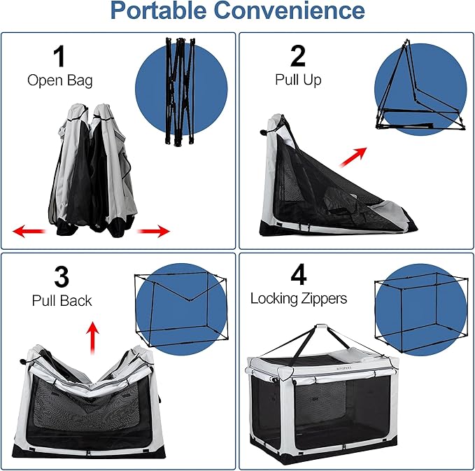 Soft Collapsible Dog Crate - 48 Inch Portable Travel Crate with Extra Space Indoor & Outdoor, 4-Door Foldable Pet Kennel with Durable Mesh Windows, Light Gray