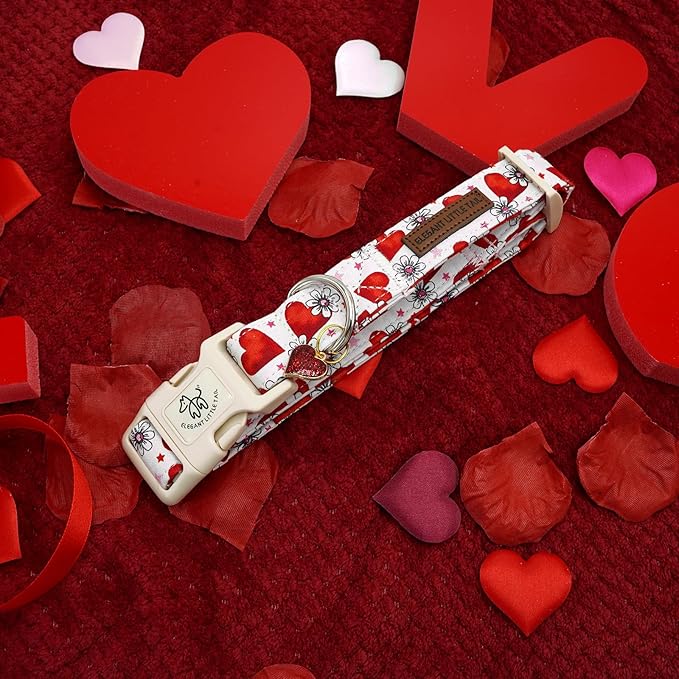 Elegant little tail Valentine's Day Dog Collar-Cute Pink Heart Dog Collar for Medium Dogs, Female or Male Adjustable Cotton Pet Collar with Quick Release Buckle for Small Medium Large Dogs