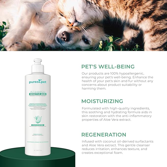 Hypoallergenic Professional Shampoo for Sensitive Skin for Pets - Fur Cleanse & Nourishment, All Ages Pet Grooming Products, Horse, Cat Dog Bath Supplies - VEGAN, Paraben-Free - 33.8fl oz - PUREZA PET