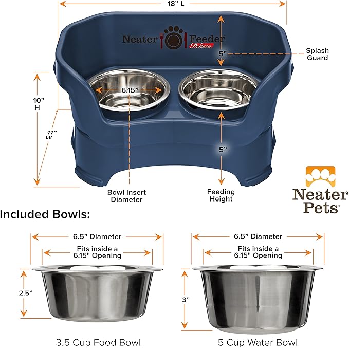 Neater Feeder Deluxe Mess Proof Dog Bowls Elevated Medium Sized Dog Breed – Made in USA – No Spill Raised Dog Food Bowl Stand – Stainless Steel Food and Water Bowl Set, Pet Feeding Station, Dark Blue