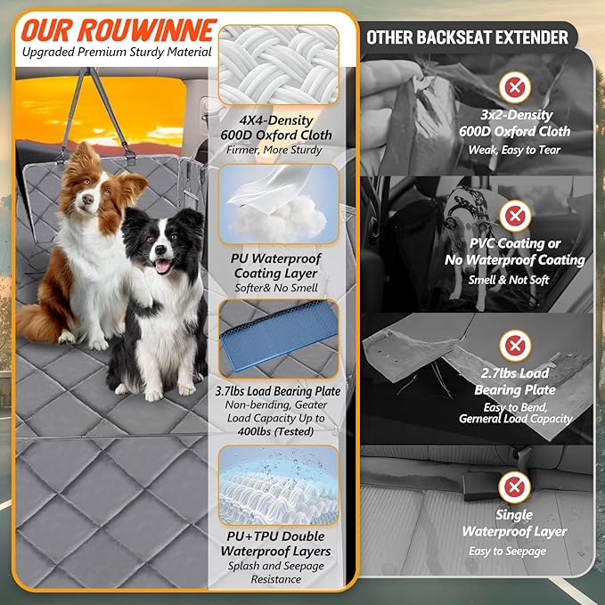 Back Seat Extender for Dogs-Large Space, Dog Car Seat Cover Hard Bottom Holds 400lbs, Sturdy Backseat Extender for Dogs, Waterproof Dog Hammock for Car Protector for Car, SUV, Truck