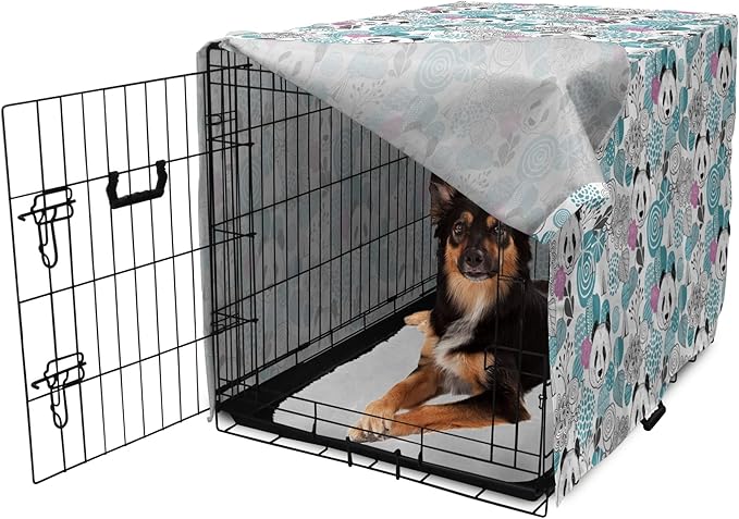 Lunarable Panda Dog Crate Cover, Portraits of Chinese Bears on Sketch Flowers and Abstract Circular Shapes, Easy to Use Pet Kennel Cover for Medium Large Dogs, 36 Inch, Slate Blue Pink Grey