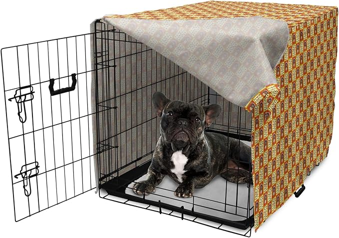 Lunarable Thanksgiving Dog Crate Cover, Checkered Pattern with Funny Cartoon Gobbler and Fallen Autumn Leaves, Easy to Use Pet Kennel Cover for Cats & Medium Dogs, 24 Inch, Red Yellow Brown