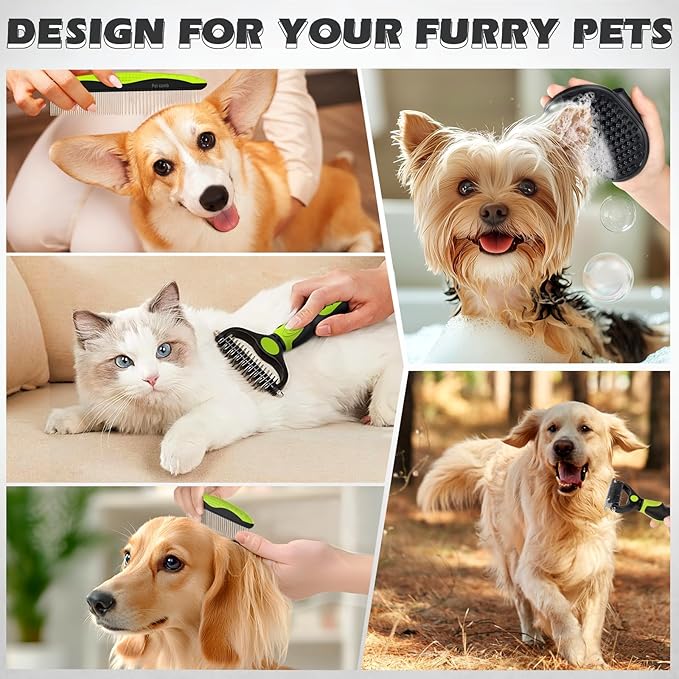 3PCS Dog Grooming Kit I Dog Brush for Shedding I Deshedding Dog Brush I Metal Dog Comb I Dog Bath Brush I Undercoat Rake for Dogs and Cats I Premium Pet Supplies (Green Black)