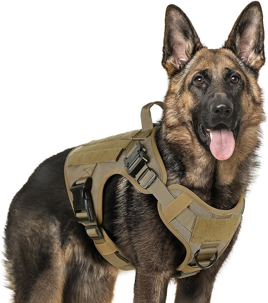 rabbitgoo Tactical Dog Harness for Large Dogs, Heavy Duty Dog Harness with Handle, No-Pull Service Dog Vest Large Breed, Adjustable Military Dog Vest Harness for Training Hunting Walking, Brown, XL