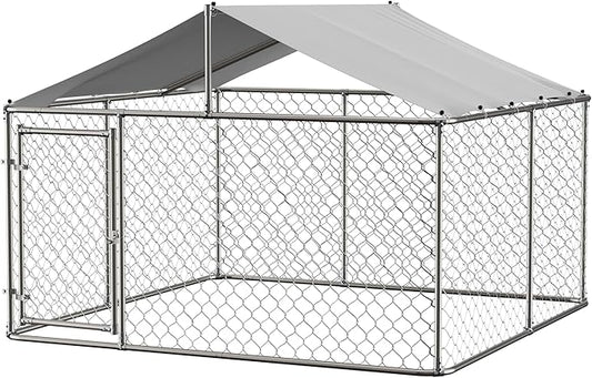 Outdoor Dog Kennel Dog Crate with Lockable Swing Gate,Water & UV Resistant Dog Enclosure Outdoor W/Pitched Roof,Heavy Duty Dog Pens Dog House Outside for Large Dogs,Gray(118"x 118")