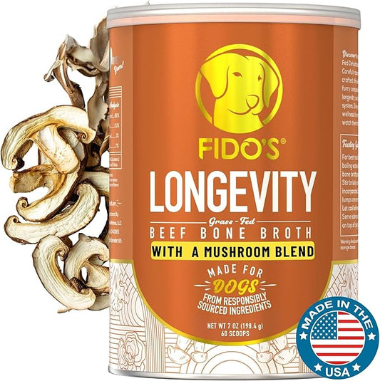 Fido's Longevity Bone Broth for Dogs - Turkey Tail + Maitake Mushroom - Grass-Fed Beef Bone Broth Powder - Dog Immune Support - Mushroom Supplement for Dogs - Dog Food Topper for Dry Food - 60 Scoops