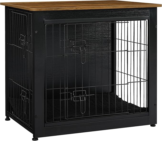 DWANTON Dog Crate Furniture with Cushion, Wooden Dog Crate with Double Doors, Dog Furniture, Dog Kennel Indoor for Small Dog，End Table, 27.2" L, Black+Warm Brown