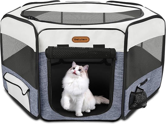 Dog Playpen, Portable Pet Play Pen Foldable Carrying Case, Puppy Pens Outsid for Small Cat Indoor/Outdoor, Removable Mesh Shade Cover