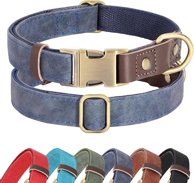 Didog Soft Padded Leather Dog Collars for Medium Dogs, Classic Heavy Duty Dog Collars with Quick Release Metal Buckle, Adjustable Medium Dog Collar Leather,Blue,M