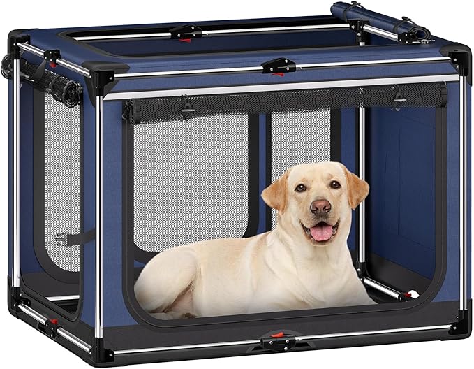 Collapsible Dog Crate: 42 Inch Foldable Soft Sided Dog Crate for Extra Large Dogs, Portable Dog Travel Kennel with Soft Mat for Indoors & Outdoors, Blue